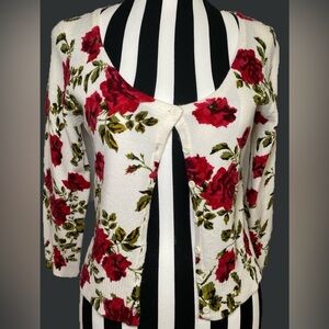 Cream & Red Rose Cropped Cardigan